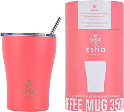 Estia Coffee Mug Save The Aegean Sticlă Termos Oțel inoxidabil Fără BPA Fusion Coral 350ml cu Paie