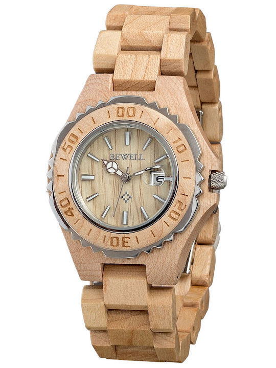 Bewell Gemini Women's Watch with Beige Wooden Bracelet