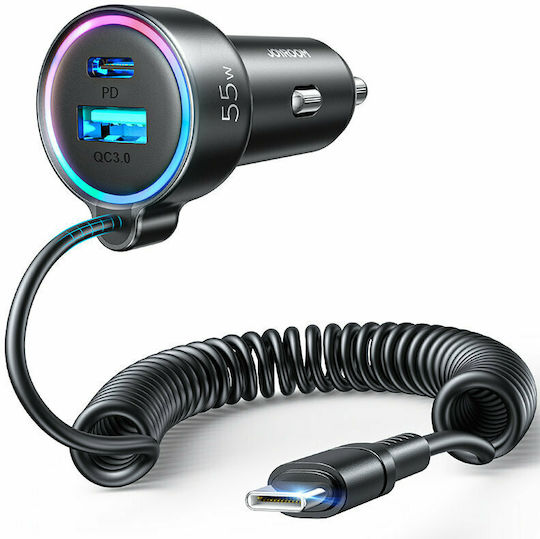 Joyroom Car Charger 55W with Ports 1xUSB 1xType-C with Type-C Cable Black Colour