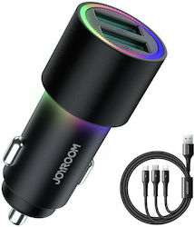 Joyroom Car Phone Charger Black with 2x USB Ports and Lightning / Micro-USB / Type-C Cable