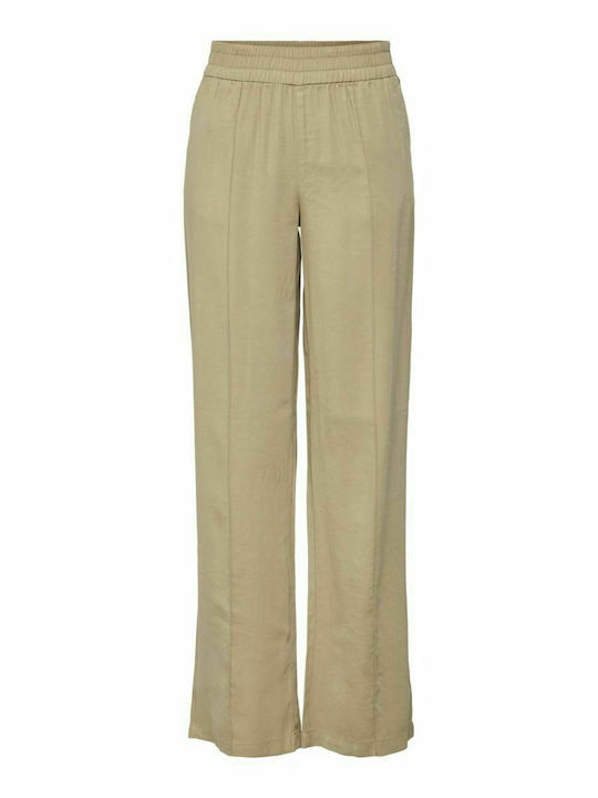 Only Women's High Waist Fabric Trousers with Elastic in Wide Line Beige