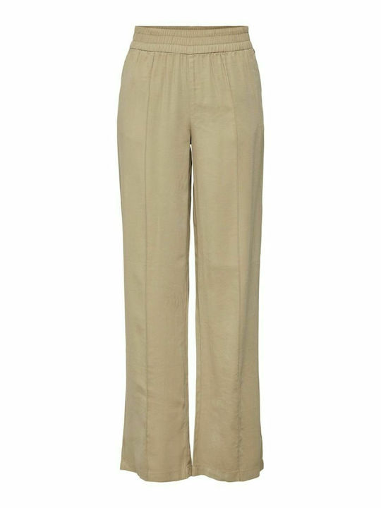 Damen Hoch tailliert Stoff Hose mit Gummizug in Weiter Linie Beige