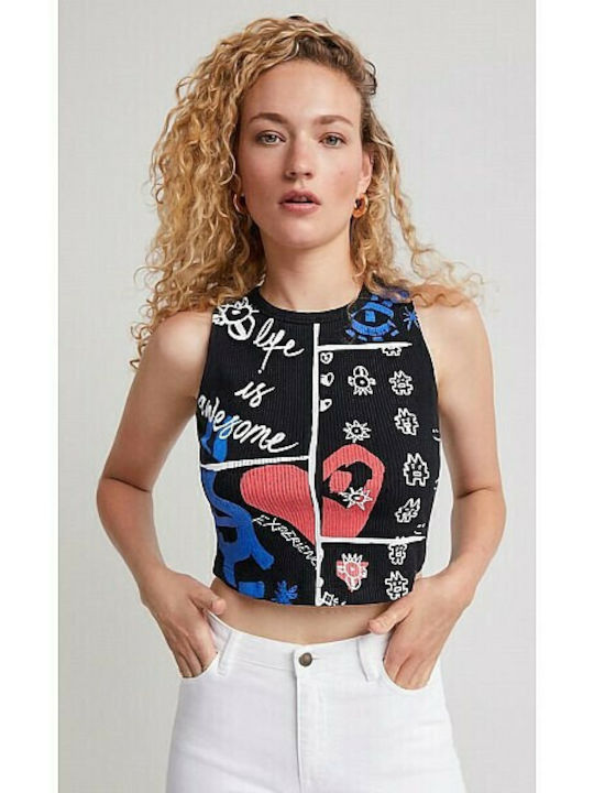 Desigual Leah Damen Sommer Crop Top Baumwolle Ärmellos Schwarz