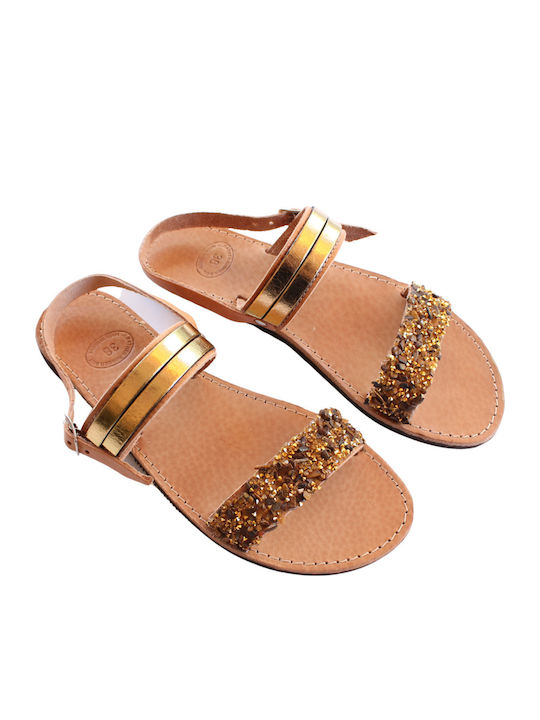 Leather Women's Flat Sandals in Gold Color