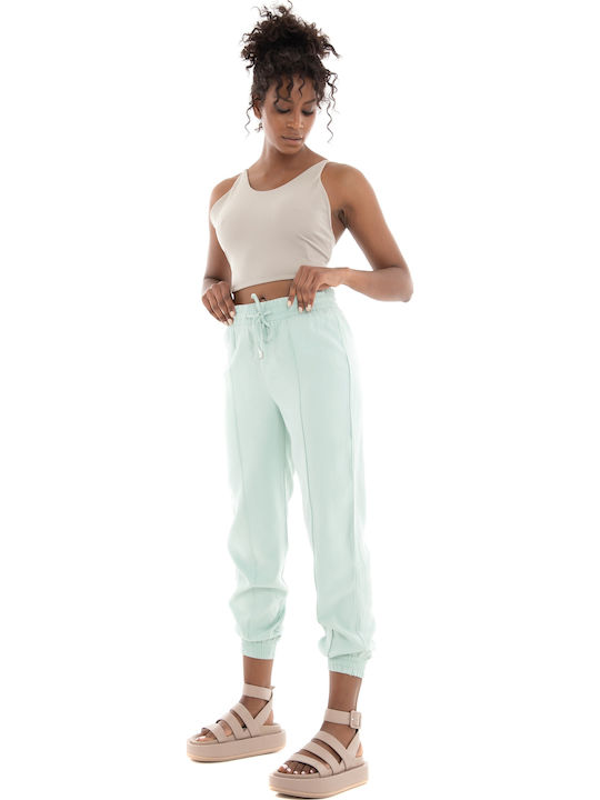 Mw Women's High-waisted Fabric Trousers with Elastic Regular Fit Turquoise
