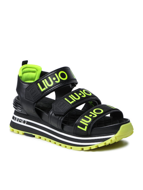 Leather Women's Flat Sandals Sporty Black/Yellow
