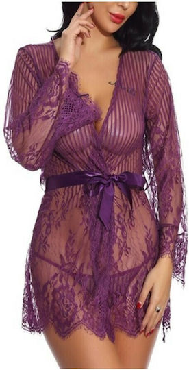 La Lolita Amsterdam με Δαντέλα & Διαφάνεια Δαντελένιο See Through Νυχτικό με Σατέν Κορδέλα Μωβ