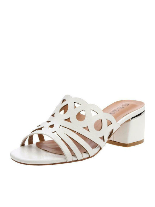 B-Soft 3069-54 Δερμάτινα Mules με Χοντρό Χαμηλό Τακούνι σε Λευκό
