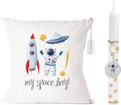 Easter Candle Round Handmade "Space Boy" with Pillow 35pcs White