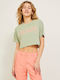 Women's Summer Crop Top Cotton Short Sleeve Tea Green