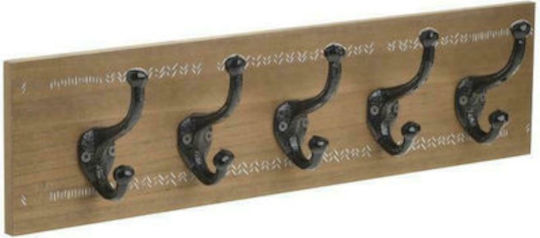 Click Wooden Natural Beige/Black 5 Hooks 50x14x9cm