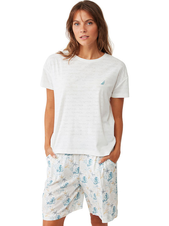 Nautica Sommer Damen Pyjama-Set Baumwolle Weiß