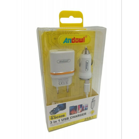 Andowl Σετ Αυτοκίνητου και Πρίζας με Θύρα USB-A και Καλώδιο USB-C Λευκός (Q-DC60B)