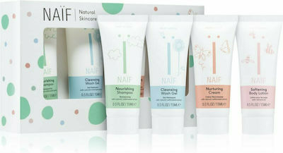 Naïf Natural Skincare Care Set Cosmetic Milk for Body 15ml + Nourishing Shampoo for Hair and Scalp 15ml + Washing Gel for Children 15ml + Cosmetic Cream for Children 15ml 4pcs