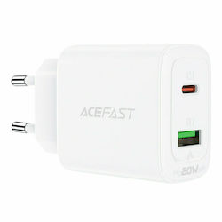 Acefast Ladegerät mit integriertem Kabel mit USB-A Anschluss und USB-C Anschluss 20W Schnellaufladung 3.0 Weißs (A25)