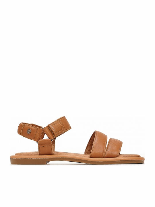 Leather Women's Flat Sandals with Strap in Tabac Brown Color