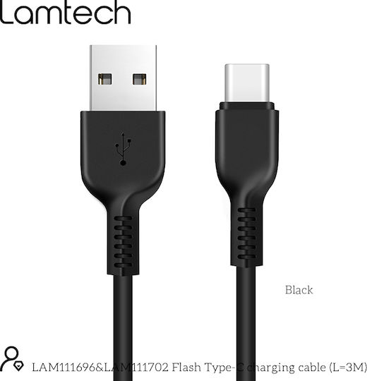 Lamtech USB 2.0 Cable USB-C male - USB-A 18W Μαύρο 3m LAM111696