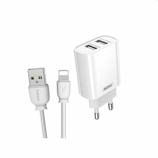 Remax Charger with 2 USB-A Ports and Cable Lightning Whites (RP-U35)