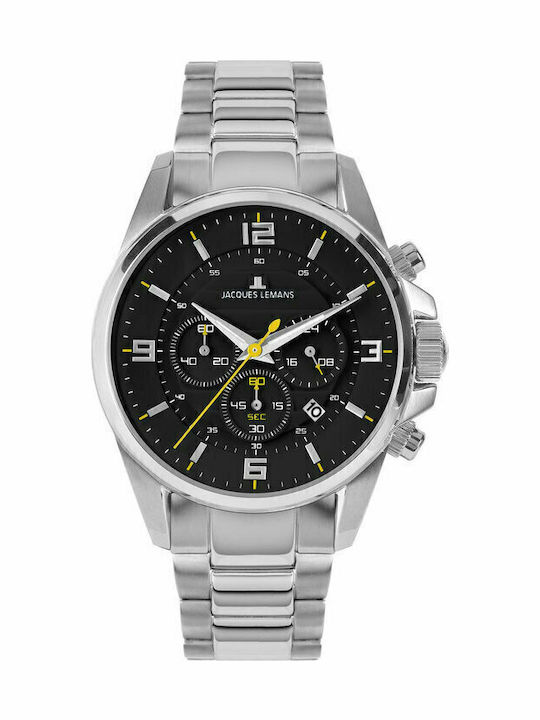 Jacques Lemans Liverpool Ανδρικό Ρολόι 44mm Χρονογράφος Μπαταρίας με Ασημί Μεταλλικό Μπρασελέ