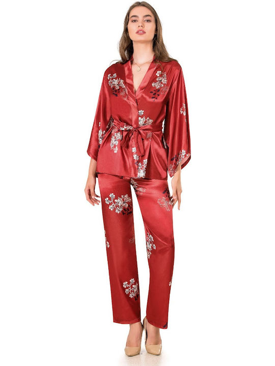Moongirl Women's Winter Satin Robe with Pajama Red