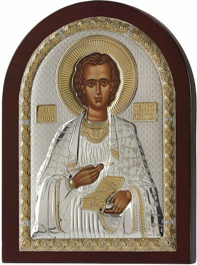 Mertzios.gr Εικόνα Heiliger Panteleimon In Braunem Holz Silber 22x26cm
