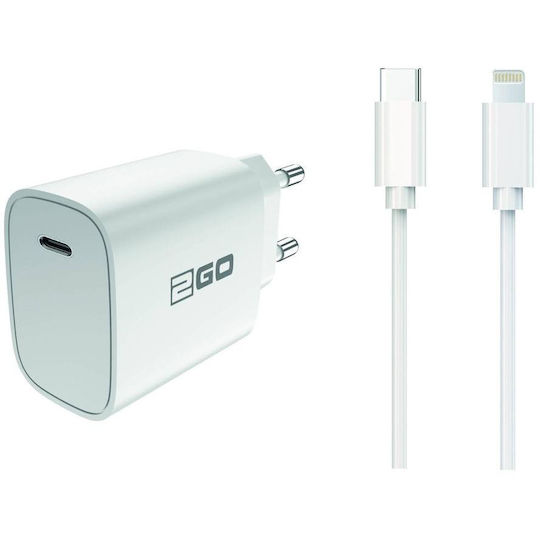 2GO Φορτιστής με Θύρα USB-C και Καλώδιο USB-C - Lightning 20W Λευκός (797277)