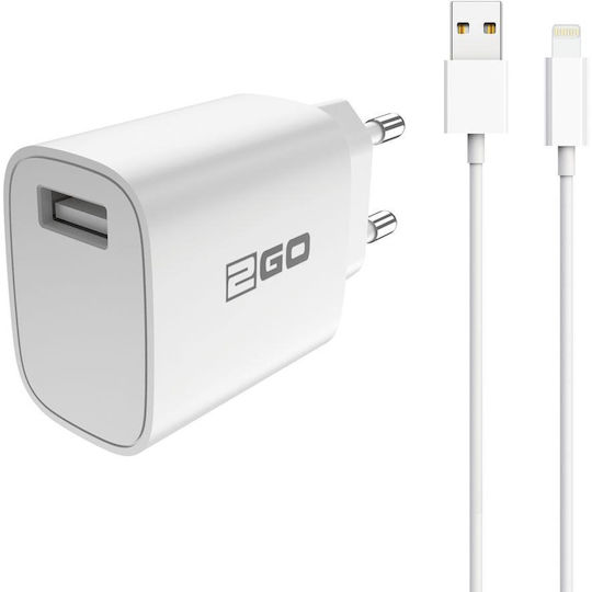 2GO Φορτιστής με Θύρα USB-A και Καλώδιο Lightning Λευκός (797253)