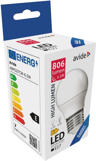 Avide ABMG27CW-6.5W Λάμπα LED 6.5W 77mm για Ντουί E27 και Σχήμα G45 Ψυχρό Λευκό 806lm