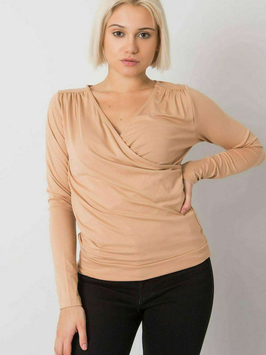 Fancy Women's Blouse Long Sleeve with V Neckline Beige