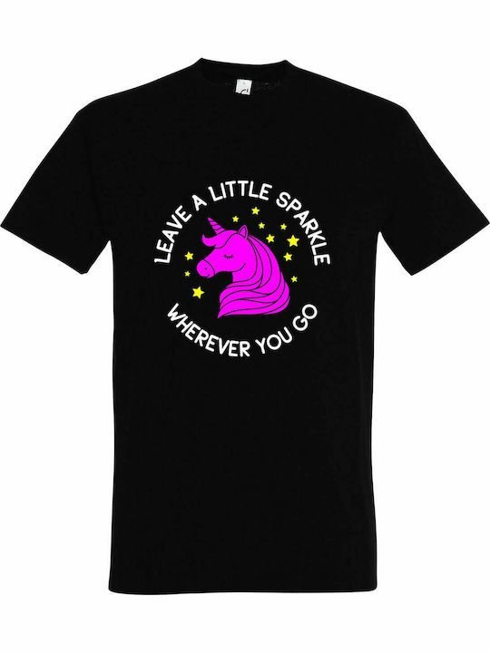 Tricou unisex " Lasă o mică strălucire oriunde te duci Unicorn ", negru