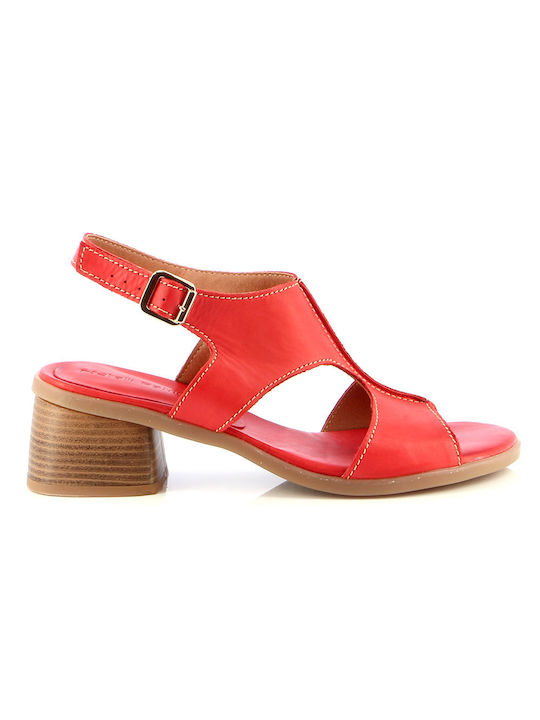 Fratelli Petridi Leather Women's Sandals with Chunky Medium Heel In Red Colour