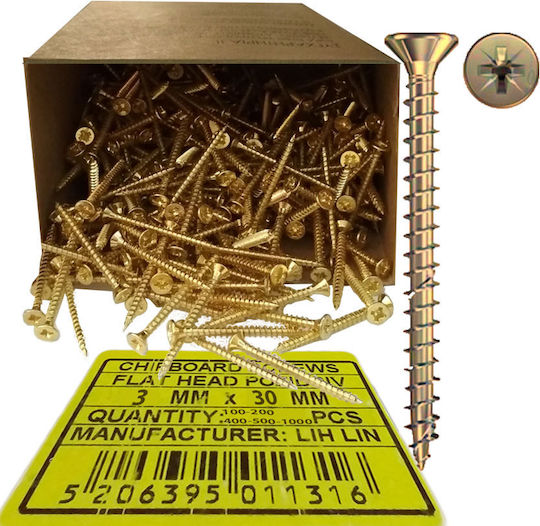 Lih Lin MDF Screw Phillips with Diameter M3 and Length 30mm 100pcs Golden