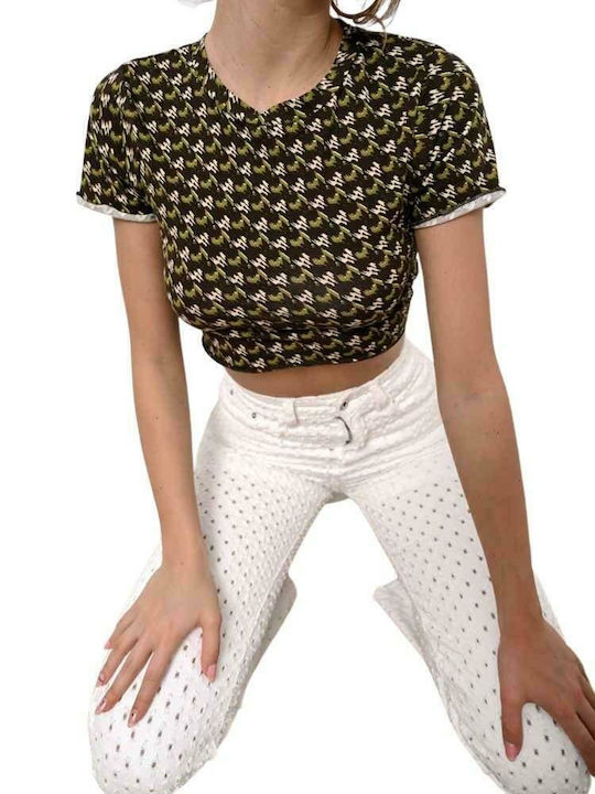 Κοντομάνικο Crop Top Χακί