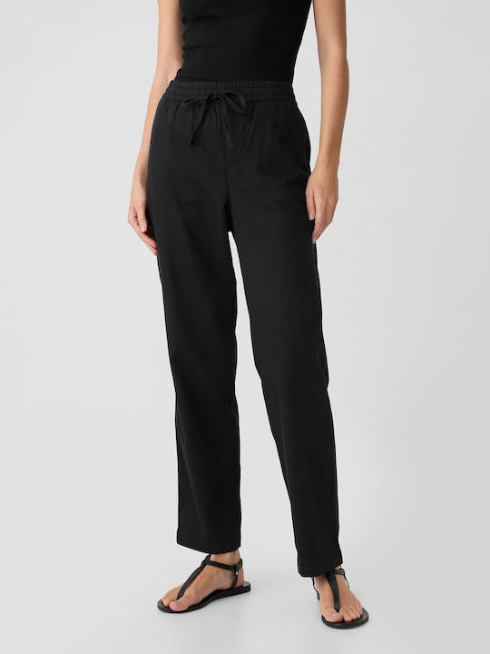Women's Fabric Capri Trousers with Elastic Straight Line Black