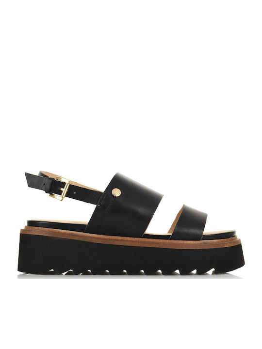 Melrose Leather Women's Flat Sandals with Strap Flatforms in Black Color