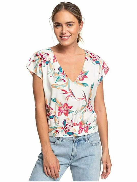 Roxy Women's Summer Blouse Short Sleeve with V Neckline Floral Snow White Mahe