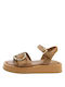 Paola Ferri Leather Women's Flat Sandals with Strap Flatforms in Tabac Brown Color