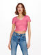 Only Women's Summer Crop Top Short Sleeve with V Neck Calypso Coral