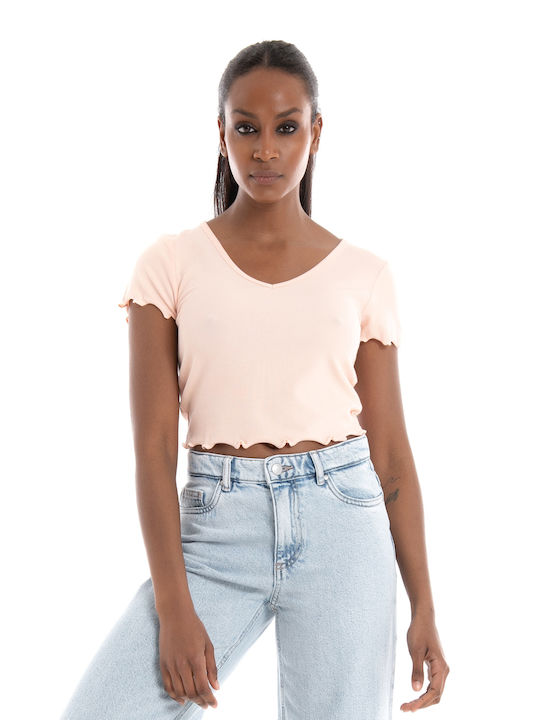 Only Women's Summer Crop Top Short Sleeve with V Neck Peach