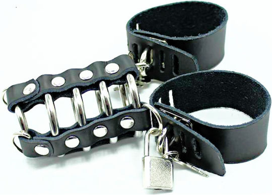 Dream Love Ohmama Fetish Leather Strap Metal Ring Cock Cage With Ball Divider Penis Cage in Black Color