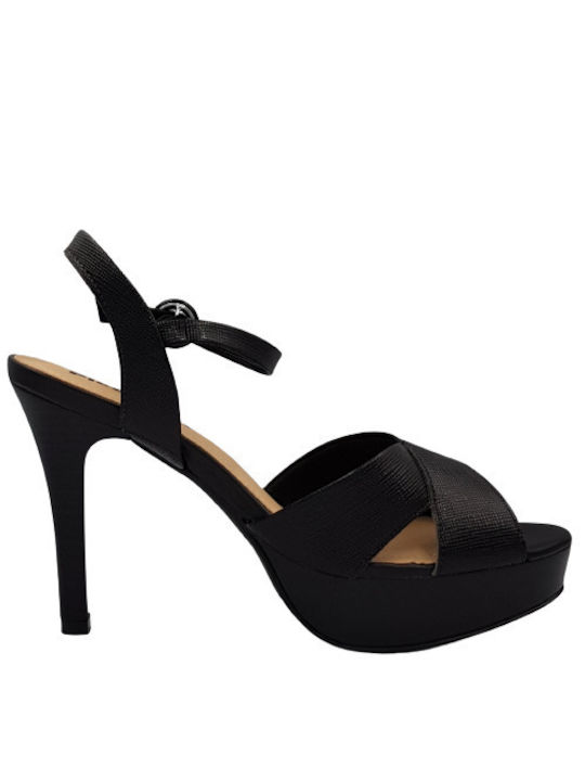 Piccadilly Platform Women's Sandals with Ankle Strap Black with Thin High Heel
