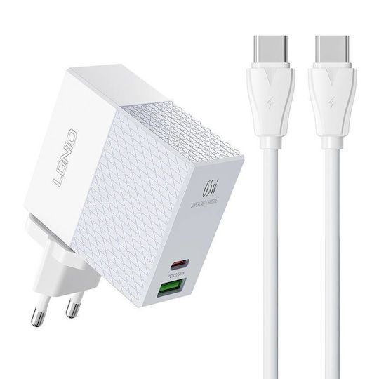 Ldnio Φορτιστής με Θύρα USB-A και Θύρα USB-C και Καλώδιο USB-C 65W Power Delivery / Quick Charge 3.0 Λευκός (A2620C)