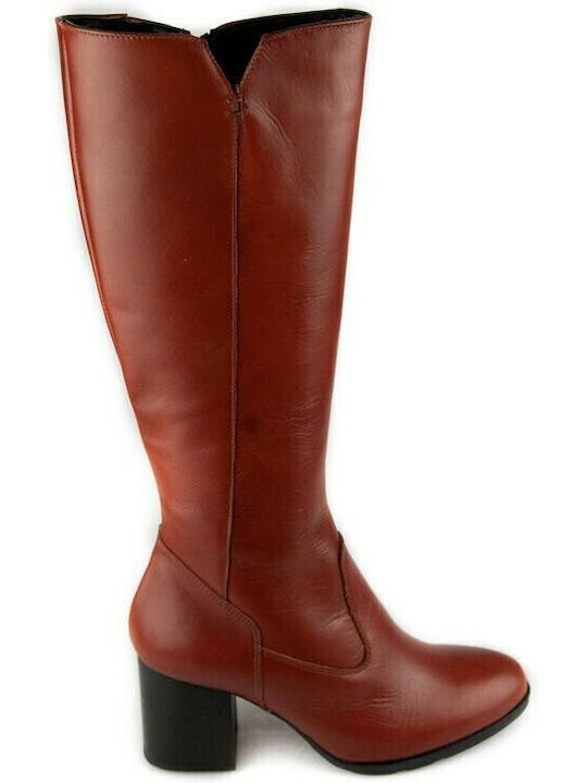 Leather Medium Heel Women's Boots with Zipper Tabac Brown