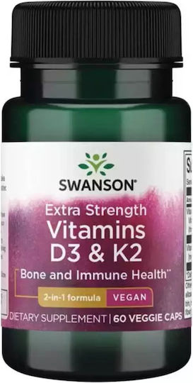 Swanson Extra Strength Vitamins D3 & K2 Vitamins D3 + K2 60 Vegetable Capsules