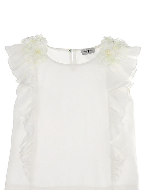 Monnalisa Short Sleeve Blouse with Flowers On Shoulders 175603F5 5107-0001 Girl