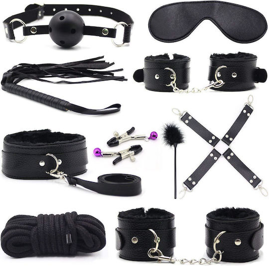 BDSM Kit Σετ Ερωτικά Αξεσουάρ Φετίχ Δεσίματος από Δερματίνη Μαύρο 10τμχ