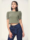 Edward Jeans Top de Damă de Vară Crop din Bumbac cu Mânecă Scurtă Army Green