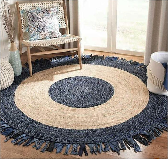 Zaros Teppich Rund Sommer aus Jute mit Fransen Natural Blue