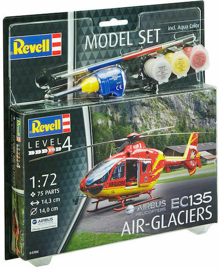 Revell Complete Plane Model EC 135 Air-Glaciers Modeling Figure Helicopter 75 Pieces in Scale 1:72 with Glue and Paints 14.3x14cm.