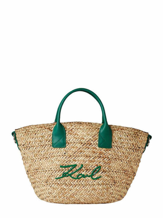 Karl Lagerfeld Wicker Beach Bag with Inner Pockets K/signature Basket Beige/Green 25x19x20cm